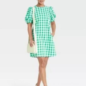 A NEW DAY | Viral Green White Gingham Check Puff Sleeve Pocket Shift Dress